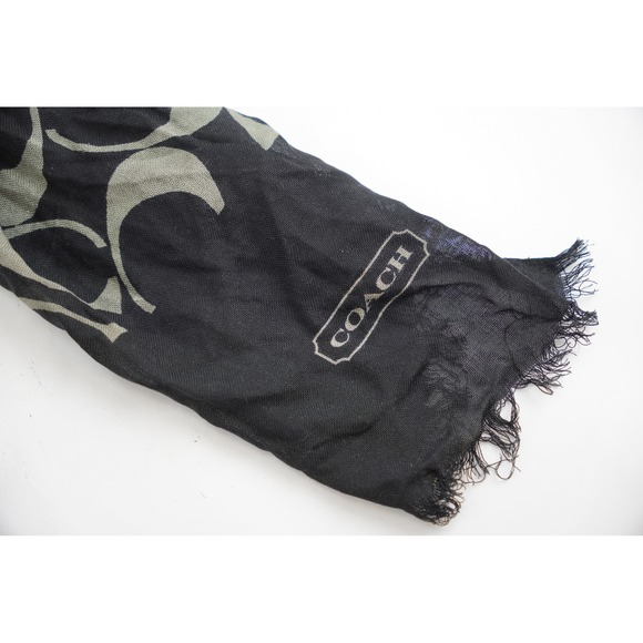 Coach Scarf Womens OS Black Grey Signature C Print Frayed Edge Excellent - Picture 3 of 6